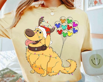 Disney Pixar Up Dug Dog Weihnachtslicht T-Shirt, lustige Santa Dug Ballons Weihnachten, Abenteuer ist draußen, Disneyland Weihnachtsferien Reise