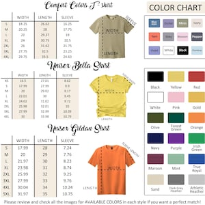 a color chart and size charts for various t-shirt styles, including a comfortable colors t-shirt, a unisex Bella shirt, and a unisex gildan shirt. The charts provide measurements and color options for each style, allowing customers to choose the perfect match for their preferences.