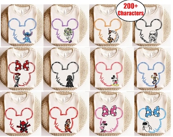 Camiseta personalizada de Disney con todos los personajes del castillo, nombre personalizado de Mickey y sus amigos, Toy Story, princesa Stitch, Chip Dale, camiseta de viaje a Disneyland