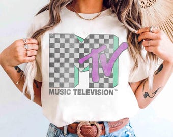 MTV geruit noodlijdend retro-logo T-shirt, trui MTV Music-logo, MTV Music, Music Lover Festival-T-shirt, T-shirt muziekreis