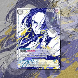 Può includere: Carta collezionabile con un'illustrazione di Boa Hancock della serie anime One Piece. La carta ha uno schema di colori blu, giallo e bianco, con il testo "Boa Hancock" e "The Seven Warlords of the Sea/Kuja Pirates".