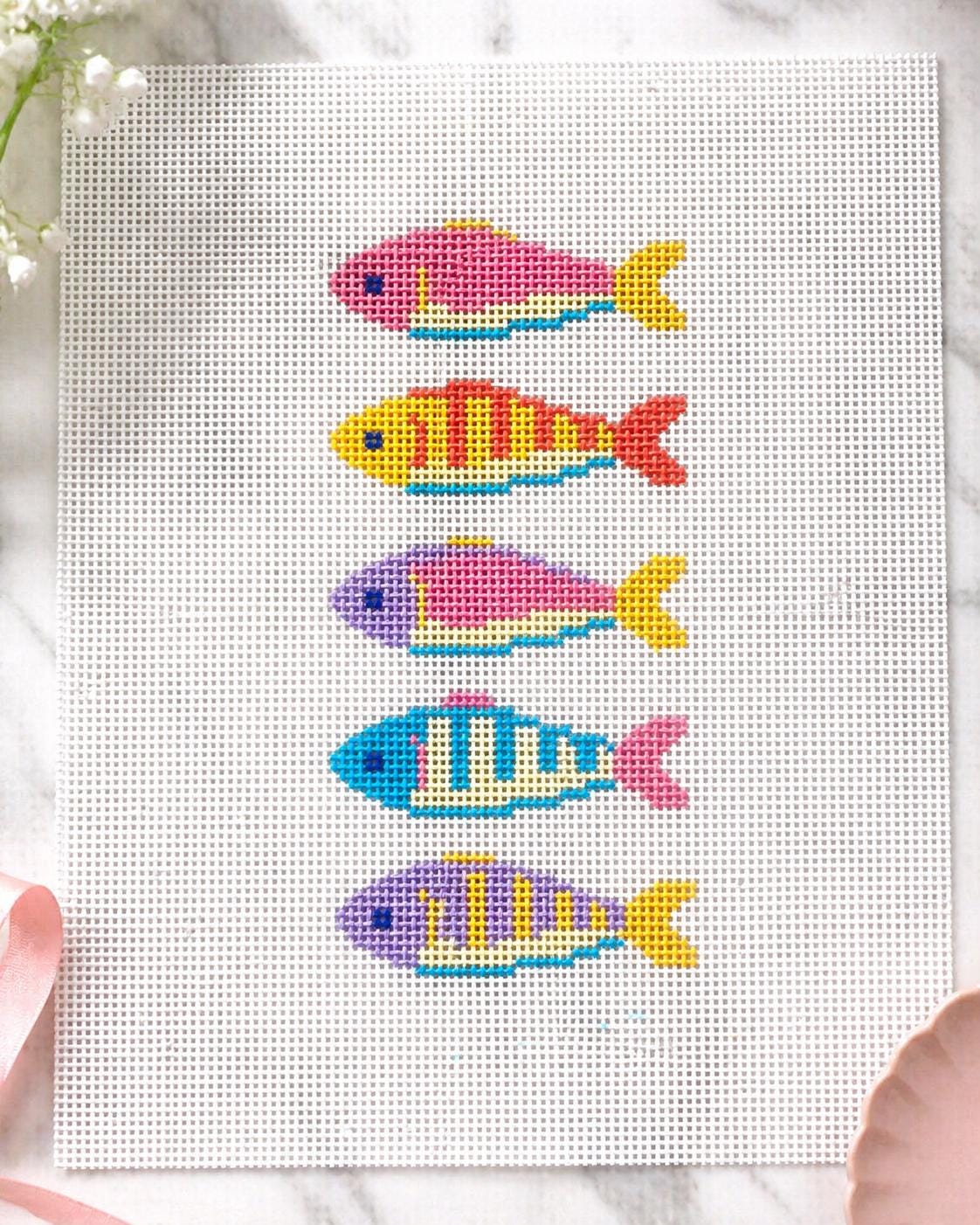 Summer Fish Needlepoint Canvas Hand Painted Sardines Pastel Coastal Gift