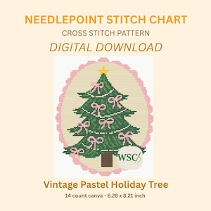 May include: A digital needlepoint stitch chart featuring a vintage pastel holiday tree design. The green tree is adorned with pink bows and a yellow star. The design is set against a cream background with a pink scalloped border. The text reads "Digital Download".