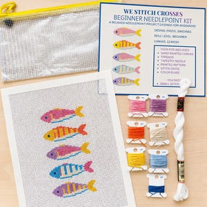 Summer Sardines Needlepoint Canvas Kit, Colorful Fishes 13 Mesh Hand Painted Canvas With Threads
