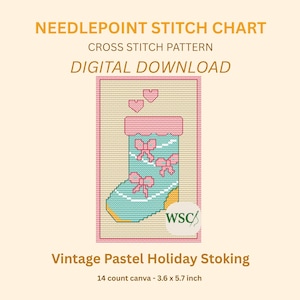 May include: A digital needlepoint stitch chart with a vintage pastel holiday stocking design. The stocking is light blue with pink bows and a pink top, with two pink hearts above. The text "NEEDLEPOINT STITCH CHART" and "DIGITAL DOWNLOAD" are visible.