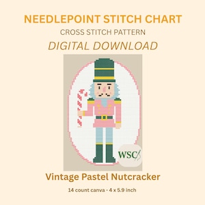 Puede incluir: Un gráfico de punto de cruz digital con un diseño de cascanueces pastel vintage. La imagen presenta un cascanueces pixelado en rosa, azul y verde, sosteniendo un bastón de caramelo. El texto dice "Needlepoint Stitch Chart" y "Digital Download". El tamaño del lienzo es de 10,16 cm x 14,99 cm.