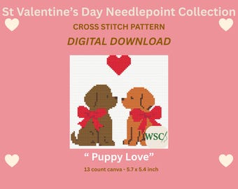 May include: Digital cross-stitch pattern titled "Puppy Love" featuring two puppies with red bows, a red heart, and the text "St Valentine's Day Needlepoint Collection". The pattern is 5.7 x 5.4 inches.