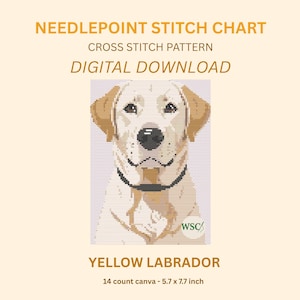May include: A digital needlepoint stitch chart featuring a yellow Labrador. The design is a cross-stitch pattern available for digital download. The canvas size is 5.7 x 7.7 inches.