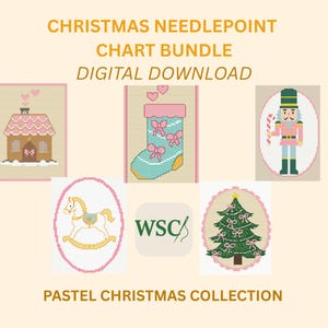 Puede incluir: Un gráfico de descarga digital con un paquete de gráficos de punto de aguja navideños en colores pastel. La imagen incluye una casa, un calcetín, un cascanueces, un caballito balancín y un árbol de Navidad. El texto dice "Christmas Needlepoint Chart Bundle Digital Download" y "Pastel Christmas Collection."