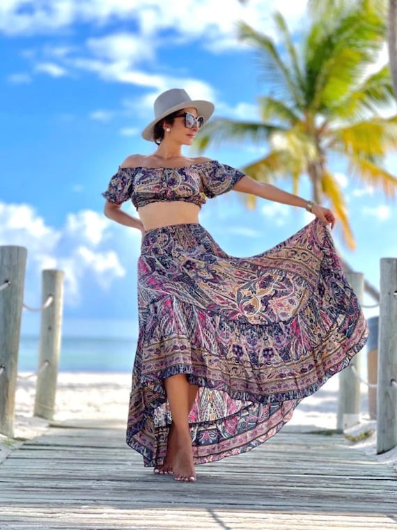 Laxmi Two-Piece Matching Set for Women with Off-Shoulder Crop Top and Long  Asymmetrical Frill Skirt