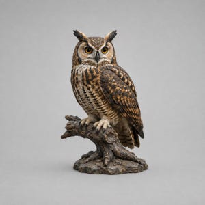 May include: A detailed figurine of a great horned owl perched on a textured tree branch. The owl features brown, tan, and black feathers with prominent ear tufts and bright yellow eyes. The base is sculpted to resemble a rough, weathered log.