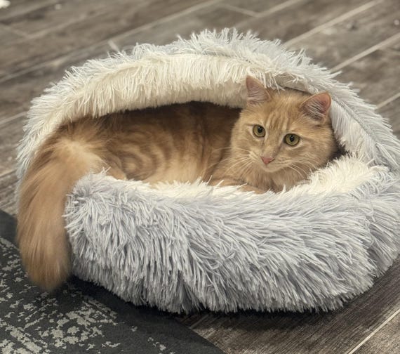 Fluffy Hooded Cat Nest | Soft Faux-Fur Cave Bed | Cozy Warm Hideaway