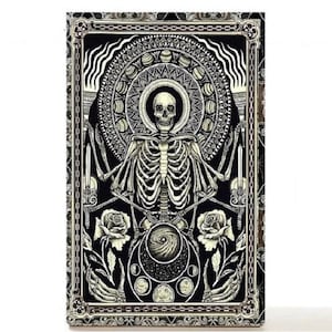May include: A black and white illustration of a skeleton sitting in a meditative pose with a mandala behind it. The skeleton is surrounded by roses and other floral elements. The image is framed in a black and gold frame.