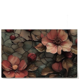 May include: A rectangular panel featuring a stained glass design of pink flowers and dark red berries on brown branches. The background consists of muted green and gray glass segments joined by dark metal lines, creating a mosaic effect.