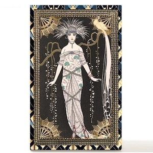 May include: Art Deco illustration of a woman in a long gown with a feathered headdress and a bird. The artwork has a black background with gold and white accents, and a decorative border. The woman's dress has a floral pattern.