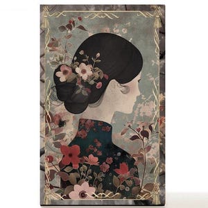 May include: An artistic print featuring a woman's profile, adorned with flowers in her hair and on her dark-colored dress. The artwork has a vintage aesthetic, with a muted color palette and floral accents. The image is framed with a gold border.