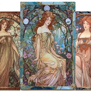 Paleta de maquillaje Art Nouveau de doble cara, regalo para ella, vidrio coloreado - Alphonso Mucha