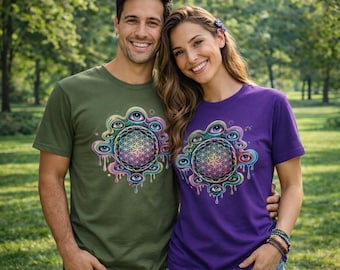 Op de afbeelding: Twee T-shirts met korte mouwen, één olijfgroen en één paars, met een kleurrijk, psychedelisch ontwerp. Het ontwerp bevat een geometrisch bloem des levens-patroon omringd door ogen en druipende verf. De shirts worden door twee personen gedragen.