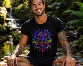 Op de afbeelding: Zwart t-shirt met een kleurrijk, psychedelisch ontwerp van een mediterende persoon. Het ontwerp bevat levendige regenboogkleuren en ingewikkelde geometrische patronen. De persoon zit in kleermakerszit op een paarse mat.