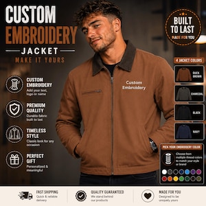 May include: A brown zip-up jacket with a dark gray collar and the text Custom Embroidery on the chest. The image displays options for four jacket colors including duck brown, charcoal, black, and navy, along with various embroidery thread colors.
