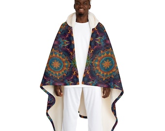 Manta con capucha de geometría sagrada al atardecer, manta psicodélica con flor de la vida, manta con capucha de sherpa de regalo espiritual