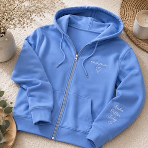 Sweat à capuche zippé brodé personnalisé, cadeau pour maman, sweat à capuche personnalisé pour grand-mère, veste zippée monogrammée à manches courtes pour enfants, cadeau pour elle