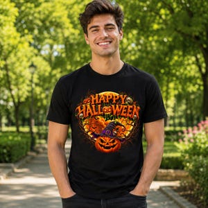 Happy Halloween T Shirt Party Outfit Adult Costume Graphic Tee Spooky Season Apparel Trick Treat Pumpkin Skull Design Fall Festival Clothing