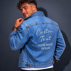 Custom Denim Jacket Personalized Jean Outerwear Photo Printed Apparel Image Design Clothing Men Customized Coat Picture Upload Garment Blue