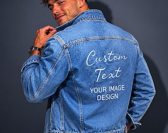 Personalisierte Jeansjacke mit Fotodruck, Bilddesign, Herrenbekleidung, individueller Mantel, Bild hochladen, Kleidungsstück, Blau