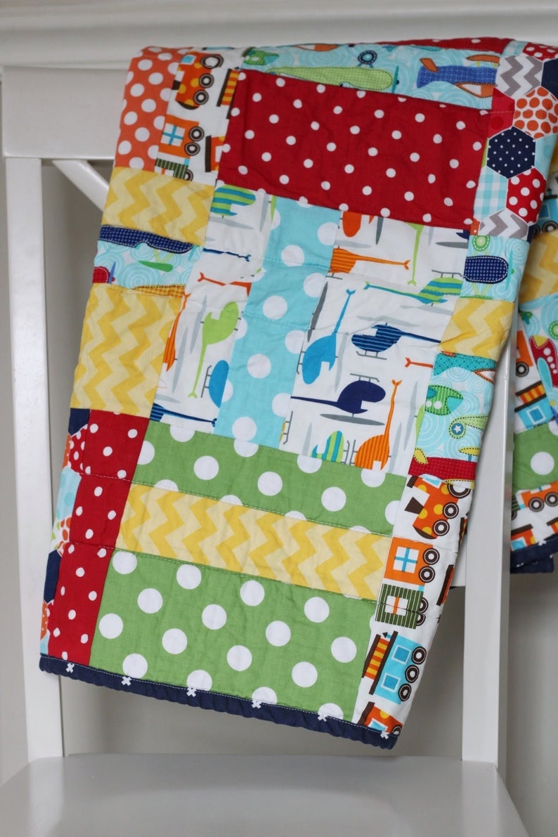 READY TO SHIP Handmade Baby Quilt for New Baby / Airplanes and Trains Quilt for Tummy Time / Baby Quilts for Sale image 2