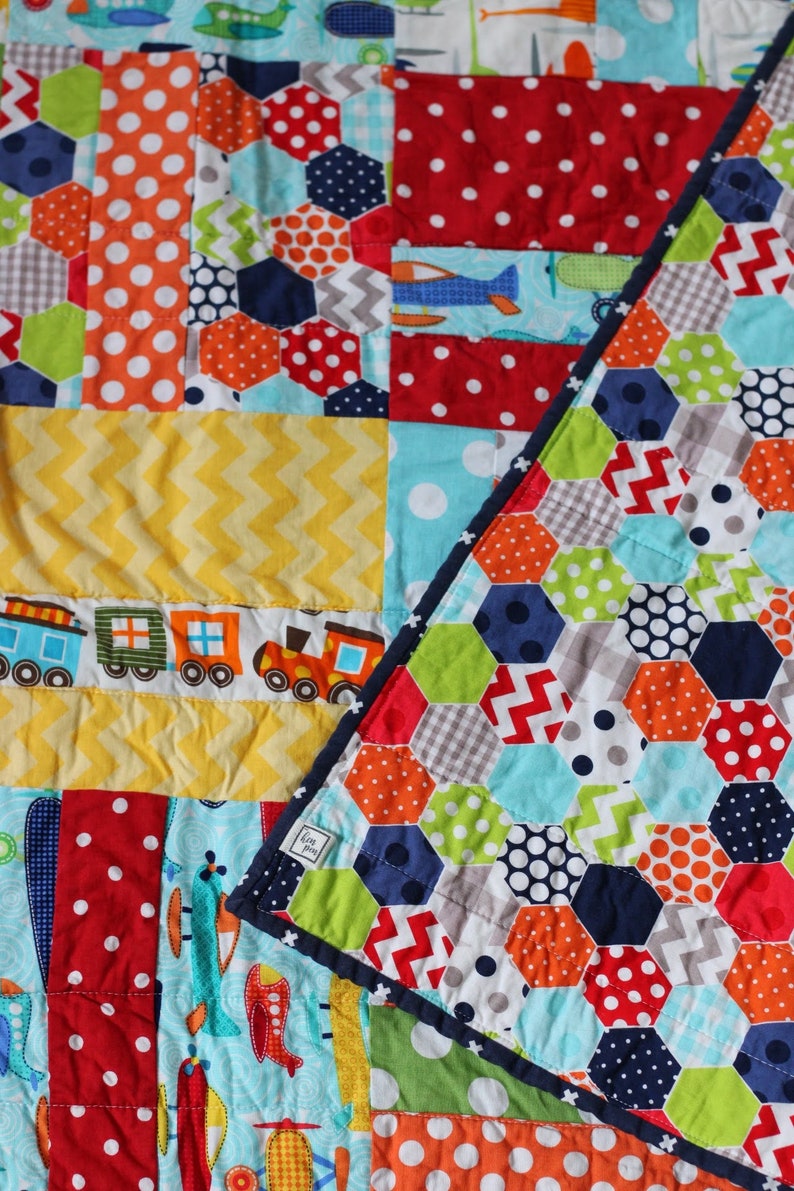 READY TO SHIP Handmade Baby Quilt for New Baby / Airplanes and Trains Quilt for Tummy Time / Baby Quilts for Sale image 4