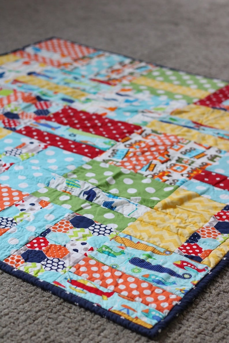 READY TO SHIP Handmade Baby Quilt for New Baby / Airplanes and Trains Quilt for Tummy Time / Baby Quilts for Sale image 1
