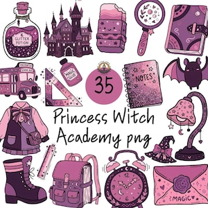 May include: A collection of 35 purple and pink digital illustrations featuring a castle, potion bottle labeled Glitter Potion, school bus, magic glue, notebook labeled Notes, bat, lamp, alarm clock, backpack, boots, and an envelope labeled Magic.