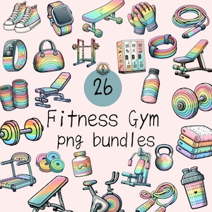 Op de afbeelding: Illustraties van fitnessartikelen in regenboogkleuren. De afbeelding bevat onder andere dumbbells, een loopband, een bank en een springtouw. De tekst luidt "Fitness Gym png bundles" en het nummer "26".