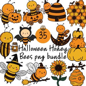 Könnte beinhalten: Eine digitale Sammlung von 35 Halloween-Illustrationen mit Zeichentrickbienen, Kürbissen, Bienenstöcken, Sonnenblumen und einer Honigwabe. Der Text lautet 35 Halloween Honey Bees png bundle. Die Grafiken sind in Orange, Gelb, Schwarz und Braun gehalten.