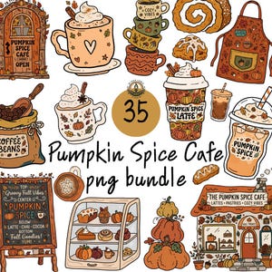 Puede incluir: Un conjunto de ilustraciones digitales con artículos de café de temática otoñal que incluye tazas, lattes de calabaza, pasteles, una fachada de café, un menú de pizarra y calabazas con el texto Pumpkin Spice Cafe png bundle y 35.