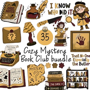 May include: A digital illustration set featuring 35 mystery-themed icons including a notebook labelled Case Notes, an inkwell with a quill, a knife, a detective with a magnifying glass, a typewriter, books, a bookshelf, and text reading Cozy Mystery Book Club bundle.