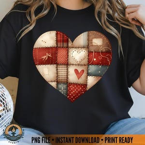 Coração em patchwork SVG PNG, Clipart de Dia dos Namorados em patchwork, Design rústico para camiseta com tema de amor campestre, Download instantâneo