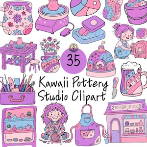 May include: A collection of digital illustrations featuring pottery studio elements in pink, blue, and purple tones. Includes a kiln, pottery wheel, tools, shelves, a storefront, and characters. Text reads 35 Kawaii Pottery Studio Clipart.
