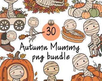 Groovy Autumn Mummy Clipart PNG Bundle, Cozy Fall Season Mummies, Kawaii Spooky Halloween Printable Sticker, Commercial Use Instant Download