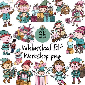 May include: A digital collection of 35 illustrations featuring cartoon elves in various holiday activities, including holding gifts, playing with toys, and riding a train. The text reads 35 Whimsical Elf Workshop png with a central logo.