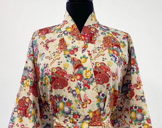 Cotton Kimono Robe In Cream With Butterfly Floral Print