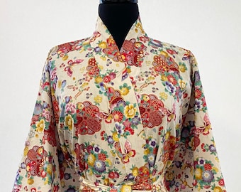 Sample Sale - Cotton Kimono Robe In Cream With Butterfly Floral Print
