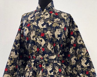 Ready To Ship - Cotton Kimono Robe In Dark Navy With Koi Fish - Size Small