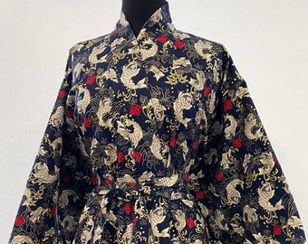 Sample Sale - Cotton Kimono Robe In Dark Navy With Koi Fish