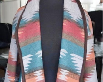 Wool Blend Cardigan Coat In Orange Red Brown And Dark Turquoise - Plateau - Long Jacket | Fall Layer | Beach Cover Up | Various Sizes