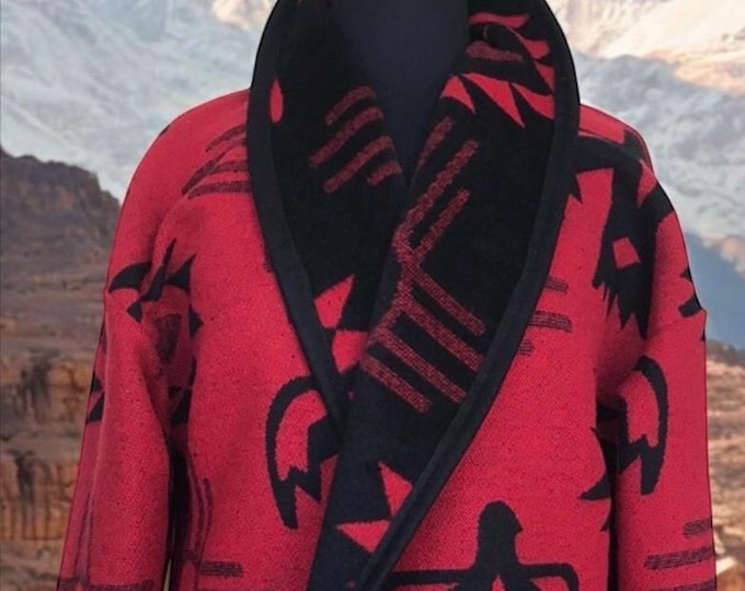 Wool Blend Cardigan Coat In Red And Black Thunderbird Sun Print - Long Jacket | Fall Layer | Beach Cover Up - Free Shipping, No Duties