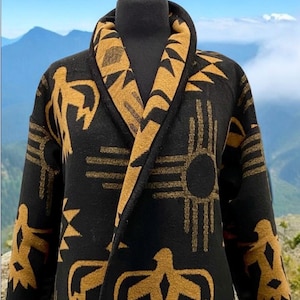 Gorgeous Cardigan Coat In Black And Yellow Thunderbird And Sun Print | Soft And Breathable | Various Sizes