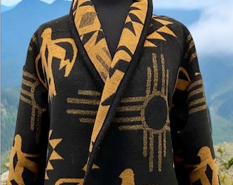 Gorgeous Cardigan Coat In Black And Yellow Thunderbird And Sun Print - Long Jacket | Fall Layer | Beach Cover Up | Various Sizes