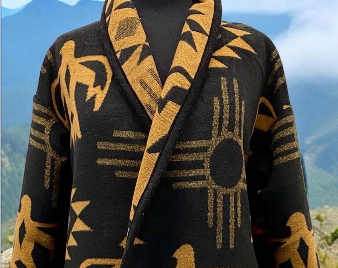 Gorgeous Cardigan Coat In Black And Yellow Thunderbird And Sun Print - Long Jacket | Fall Layer | Beach Cover Up | Various Sizes